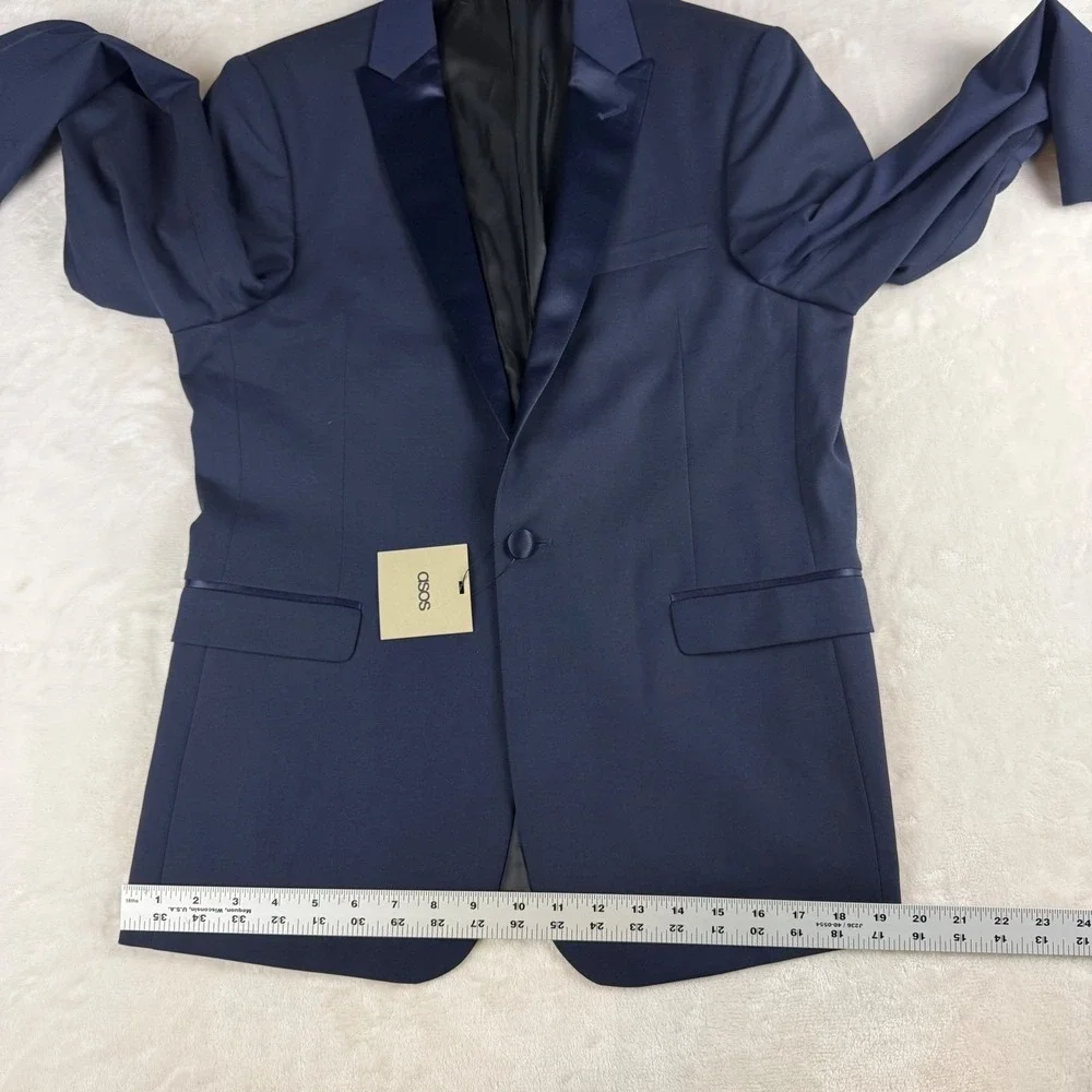 ASOS Tuxedo Blazer Mens 40 Navy Blue Satin Peak Lapel Formal Jacket Prom Wedding